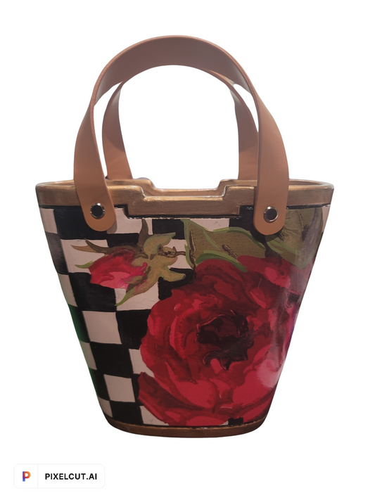 Rose and Checked Purse Vase with Leather handles