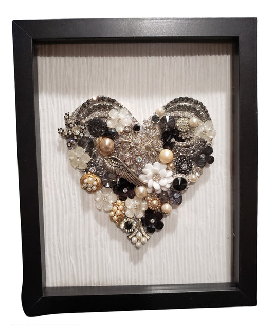 Black and White Vintage Rhinestone and Pearl Heart in Shadow Box Frame